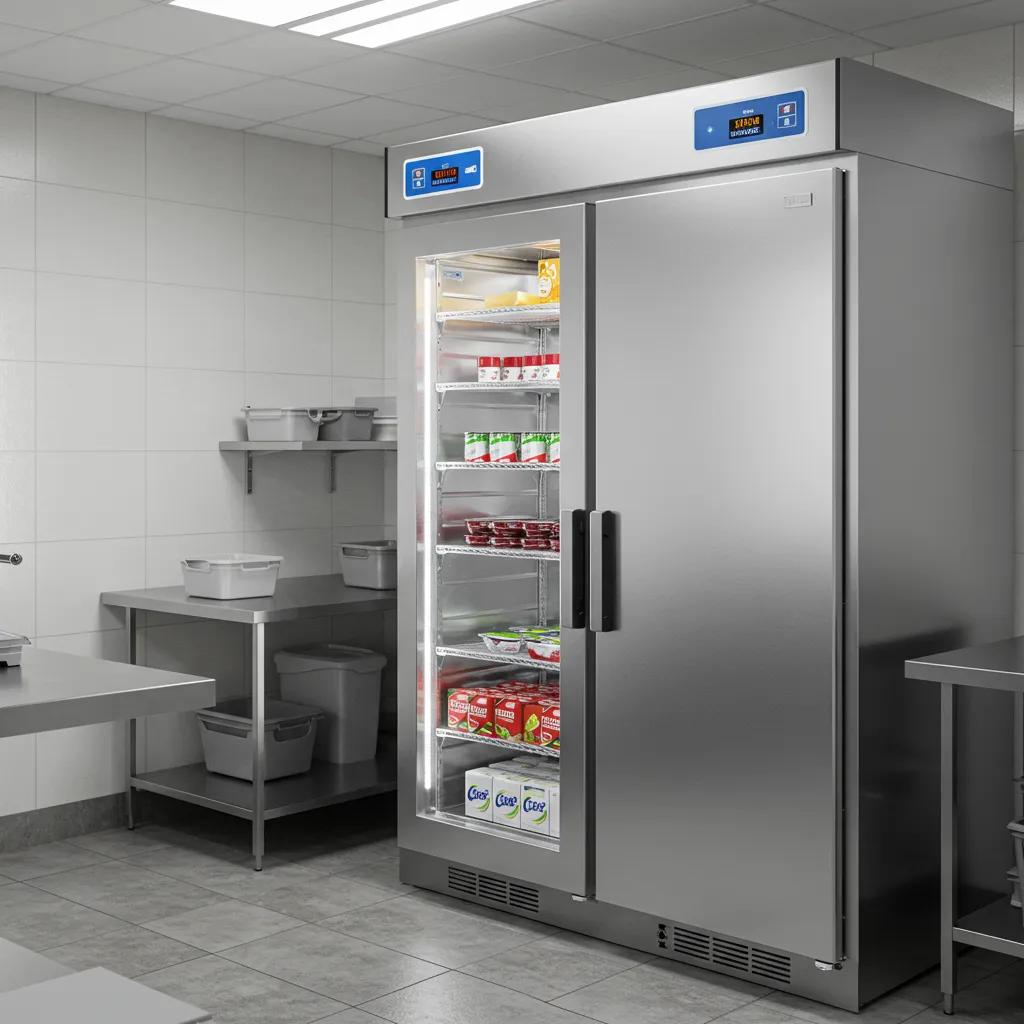 Modern energy-efficient walk-in cooler installation in a commercial kitchen, highlighting advanced features and sustainability